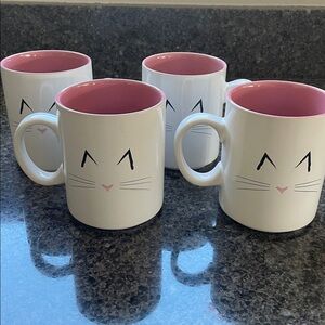 Set of 4 Cat Face Mugs with Pink Interior